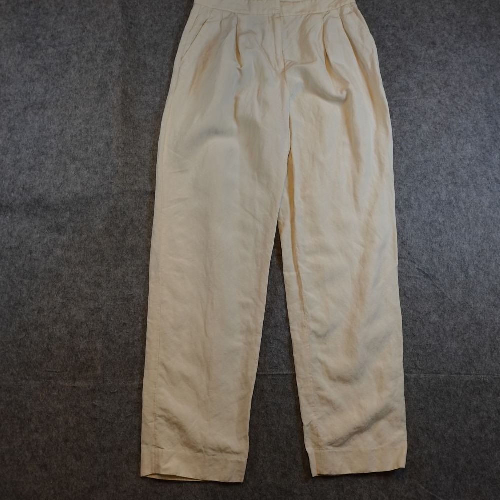 Lafayette 148 Pant Womens 2 Cream Silk Linen Pleated High Rise Straight Leg - Picture 1 of 11